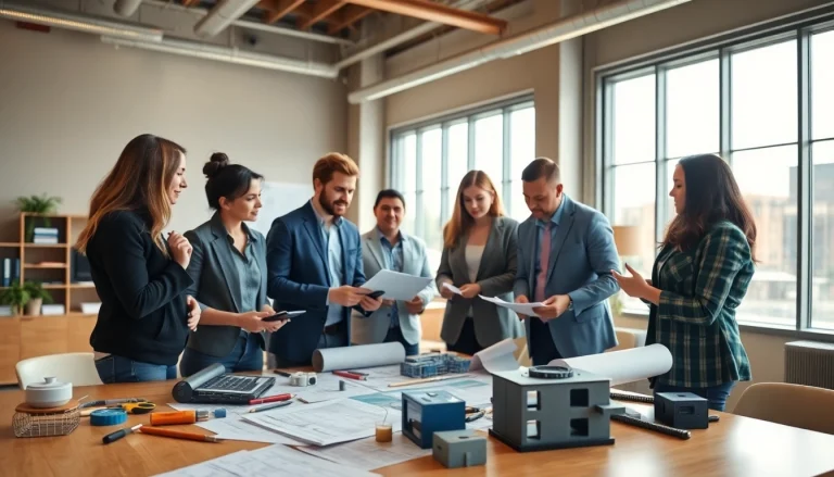 Construction advocacy Carolinas team discussing plans in a modern office environment.