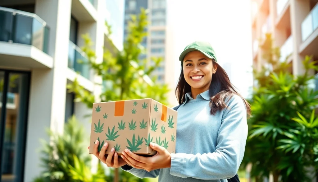 Cannabis delivery expert smiling while holding a package, highlighting reliable service.