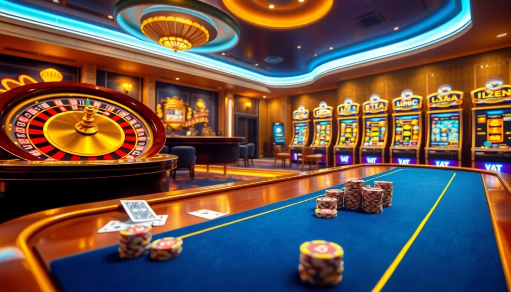 Experience the excitement of Luckywin's vibrant casino atmosphere with poker chips and a spinning roulette wheel.