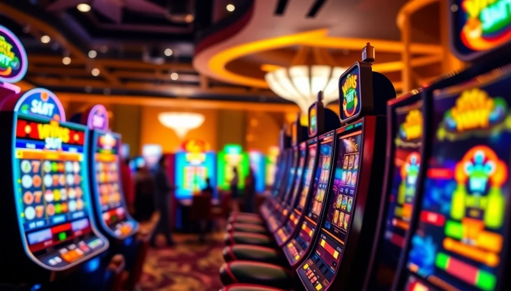 Tampilkan slot depo 1k dalam suasana perjudian online yang meriah, menyoroti mesin slot dan pemain yang bersenang-senang.