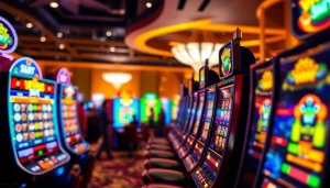 Tampilkan slot depo 1k dalam suasana perjudian online yang meriah, menyoroti mesin slot dan pemain yang bersenang-senang.