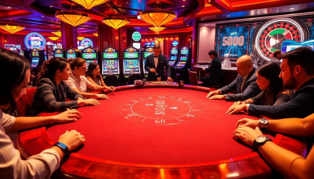Players enjoying a thrilling poker game at a luxurious casino featuring gilajp-themed visuals.