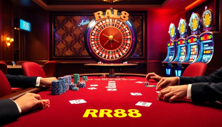 Experience the thrill of RR88 at a luxurious poker table surrounded by eager players and vibrant casino elements.