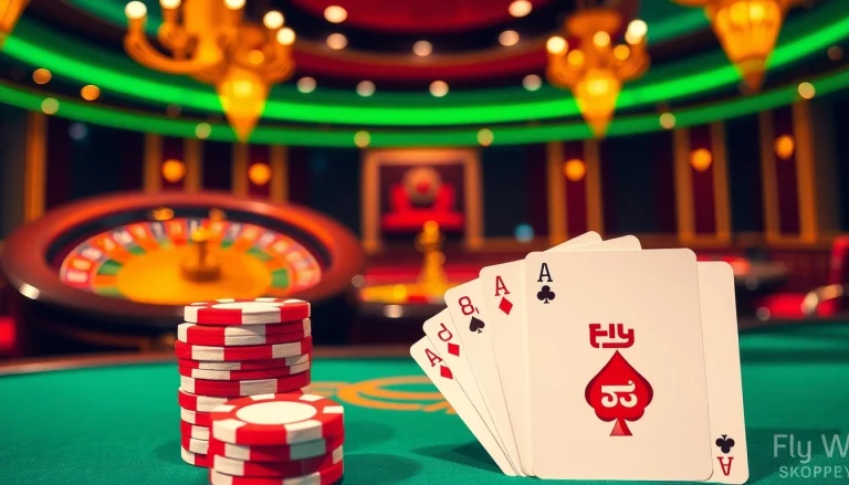 Exciting casino scene with poker chips and cards highlighting Fly 88 in a luxurious atmosphere.