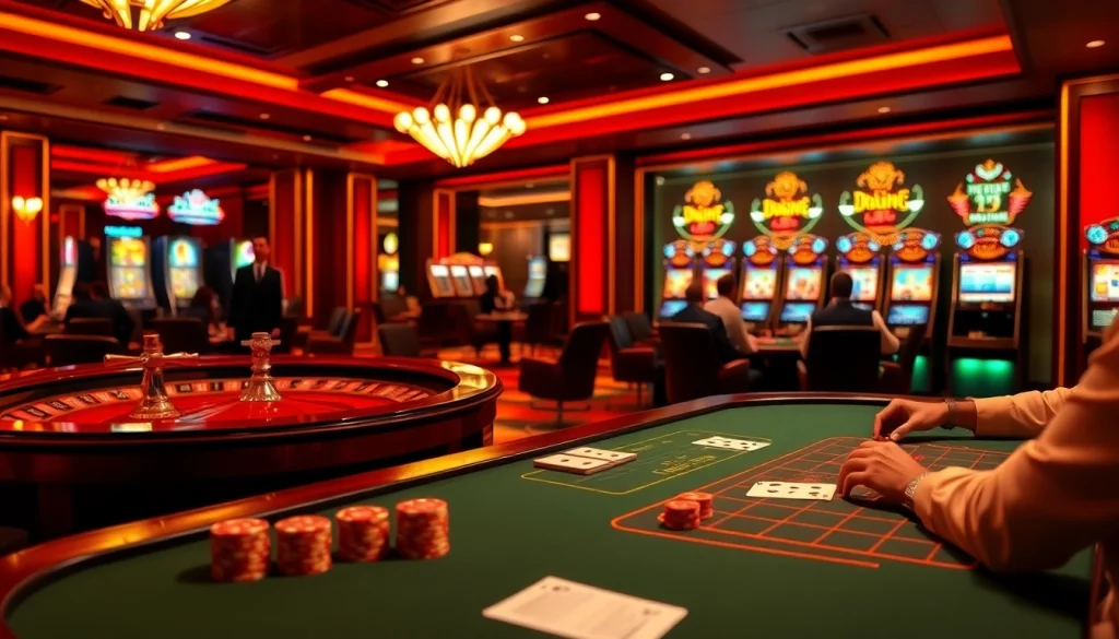 Dewacasino link showcased in a luxurious casino scene featuring live dealer games, poker tables, and vibrant slot machines.