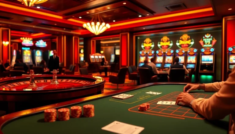 Dewacasino link showcased in a luxurious casino scene featuring live dealer games, poker tables, and vibrant slot machines.