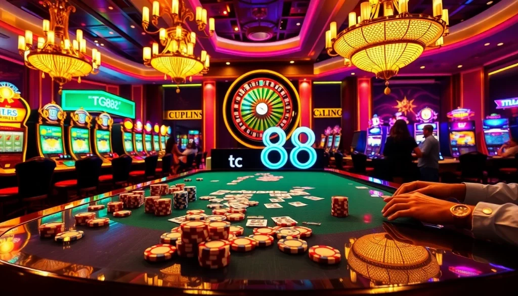 Engaged gamblers at a casino table immersed in gameplay, showcasing tg88 poker chips and cards.