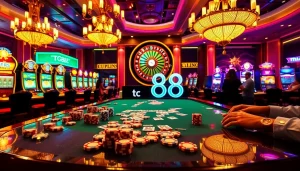 Engaged gamblers at a casino table immersed in gameplay, showcasing tg88 poker chips and cards.