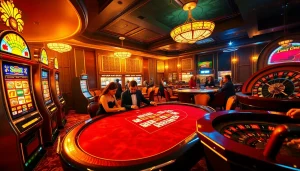 Experience thrilling gameplay at winstrike69 with vibrant roulette and slot machines in a luxurious casino setting.