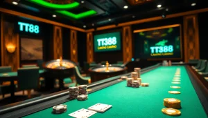 TT88 logo on a luxurious gaming table surrounded by poker chips and cards