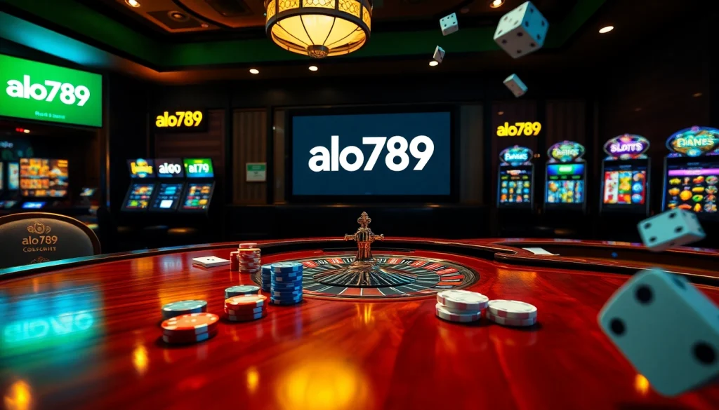 Alo789 online casino vibrant scene with poker chips and roulette wheel in action.