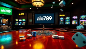 Alo789 online casino vibrant scene with poker chips and roulette wheel in action.