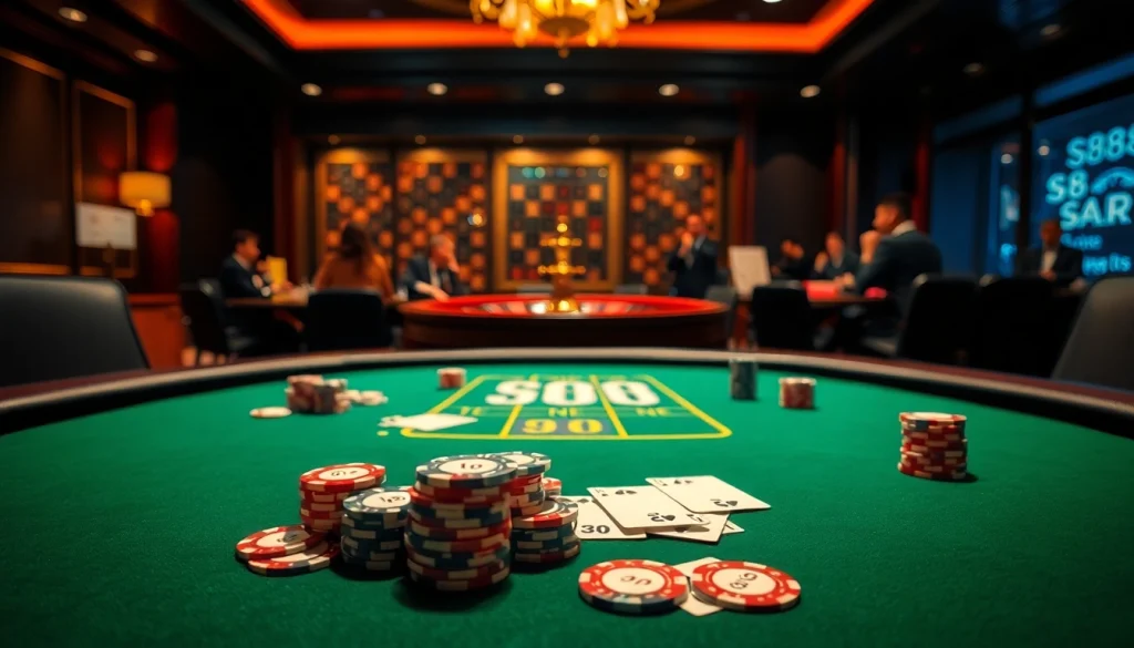 Engage with premium s88 poker chips and cards in a luxurious casino setting, exuding excitement.