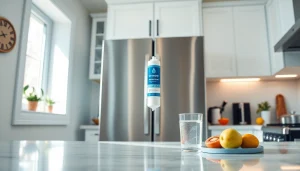 Waterdrop WF1CB Replacement for Frigidaire® PureSource WFCB filter displayed in a modern kitchen with fresh water.