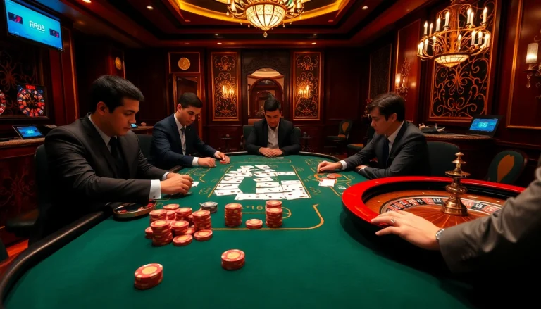 Experience thrilling gaming action at RR88 with elegant poker tables and roulette wheels.