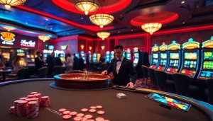 Exciting casino scene featuring MK8-themed gambling activity with vibrant tables, roulette wheel, and online betting interface.