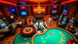Gamblers enjoying a vibrant casino experience at nohu.com, featuring tables and slot machines.