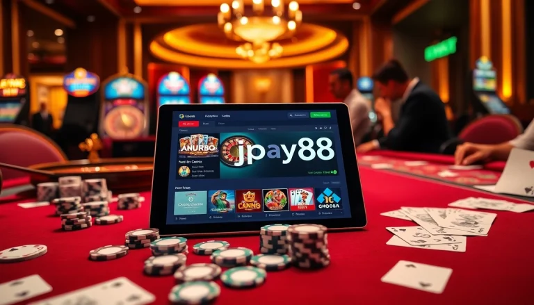 Gopay88 online gambling atmosphere featuring poker chips, cards, and a roulette wheel.