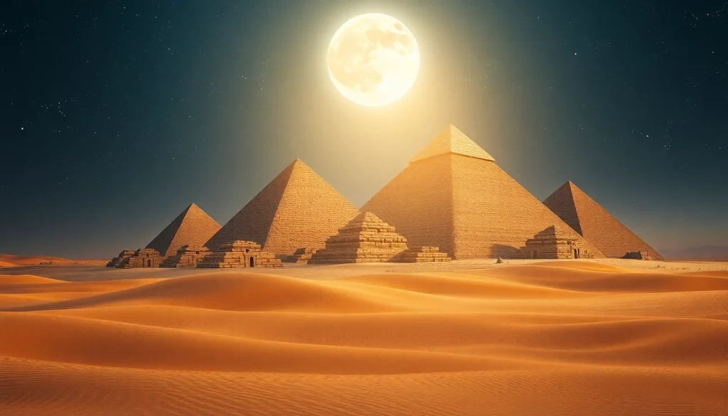 View of the majestic piraminds under a starry sky, highlighting their ancient elegance.