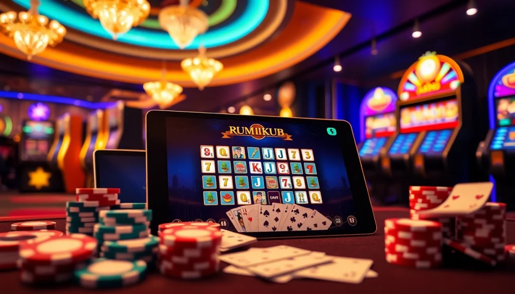 Engage in רמיקוב אונליין surrounded by vibrant casino elements, sleek devices, and thrilling atmosphere.