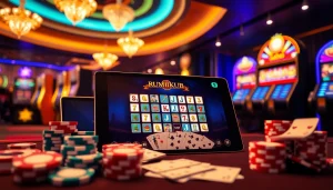 Engage in רמיקוב אונליין surrounded by vibrant casino elements, sleek devices, and thrilling atmosphere.