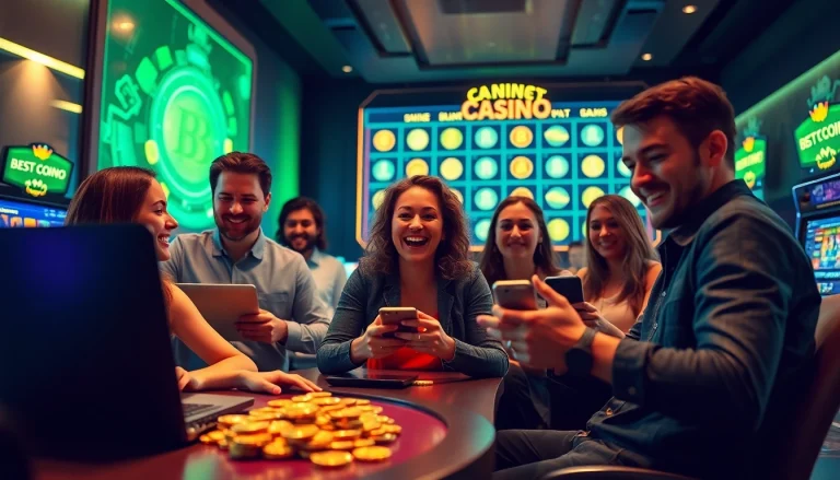 Exciting gameplay scene at the best crypto casinos with diverse players and vibrant cryptocurrency displays.