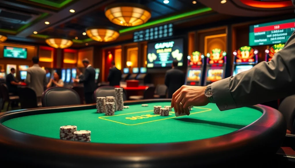 Get ready for exciting gameplay at https://11betn.com/ with a luxurious casino ambiance featuring poker tables and roulette wheels.