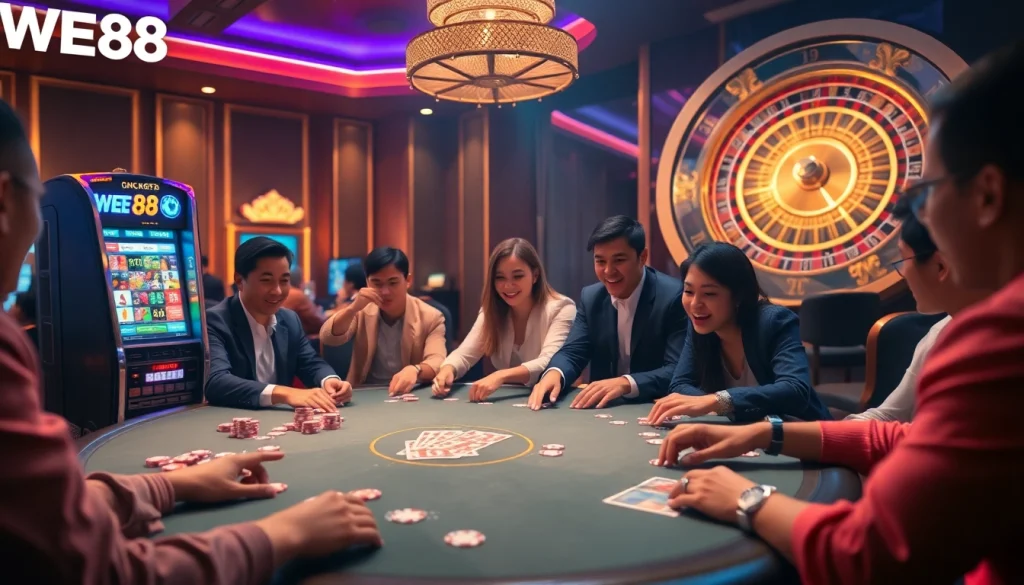 Experience the thrill of WE88 with a vibrant casino scene filled with poker excitement and slot machines.