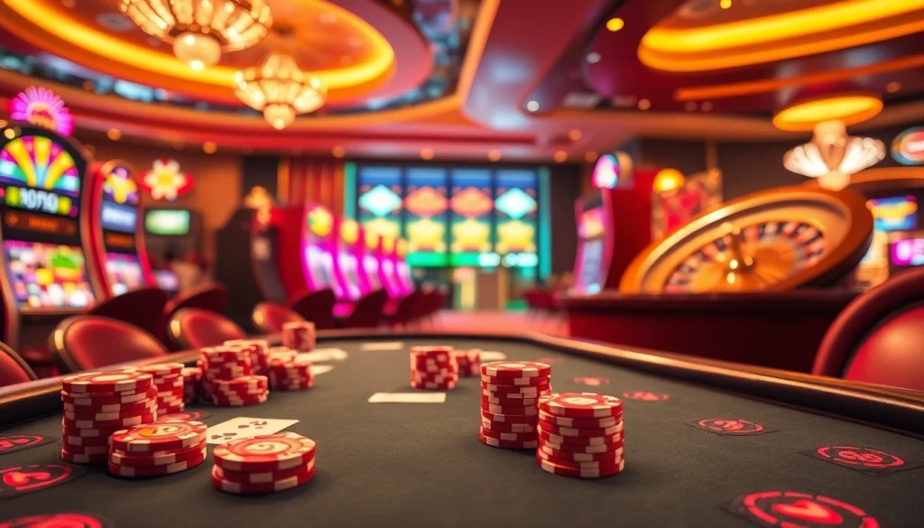 NK88-themed casino scene with vibrant poker chips and spinning roulette wheel.