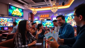 Cảnh chơi game trực tuyến AX88 Win đầy hứng khởi với người chơi vui vẻ và đồ họa sống động.