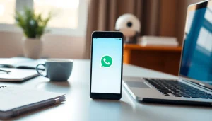 Smartphone displaying GB WhatsApp interface in a modern workspace, symbolizing advanced messaging solutions.