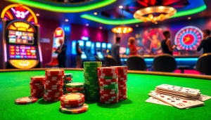 Engaging casino experience at 33WIN with vibrant poker chips and slot machine excitement.