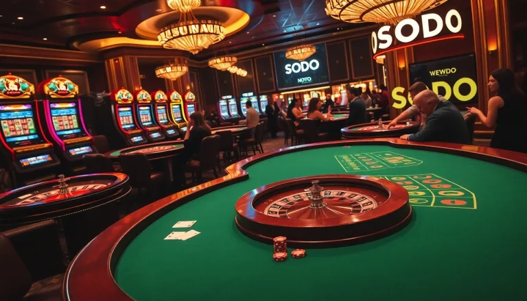 Players enjoying the excitement of SODO Casino with poker tables, slot machines, and vibrant atmosphere.