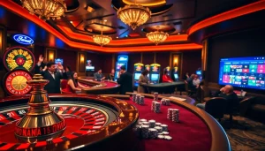 A thrilling casino atmosphere at https://www.6rwin55.com/ showcasing roulette, slot machines, and poker chips.