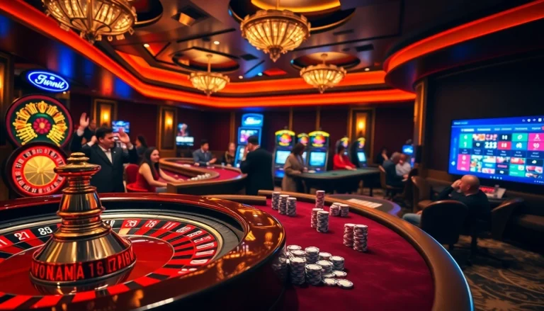 A thrilling casino atmosphere at https://www.6rwin55.com/ showcasing roulette, slot machines, and poker chips.