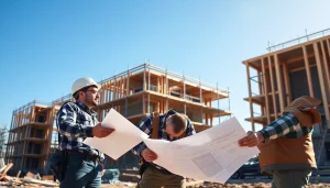 Two professionals from the construction association Denver discussing plans at a busy job site.