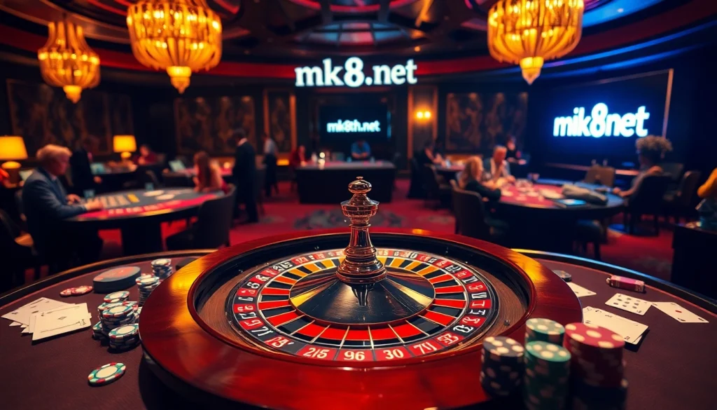 Experience the excitement of mk8th.net's casino with vibrant games, poker chips, and roulette wheels.