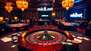 Experience the excitement of mk8th.net's casino with vibrant games, poker chips, and roulette wheels.
