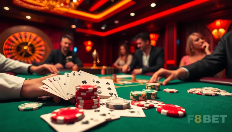 Players enjoying a thrilling poker game at F8BET casino table with chips and cards.