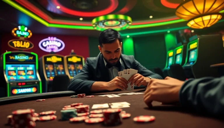 Professional gambler showcasing skill at a poker table in a luxurious setting embodying BDJL excitement.