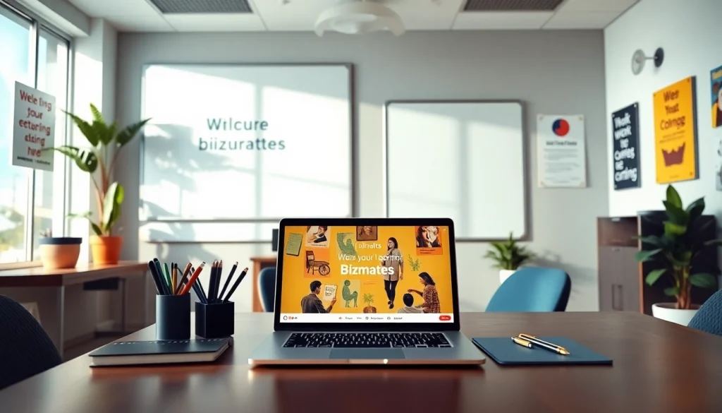 Bizmatesキャンペーン — ノートパソコンを使ったモダンなオンライン英語学習ワークスペースを視覚化