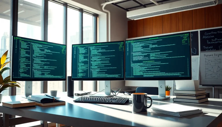Innovative software engineering workspace featuring multiple screens and coding elements.