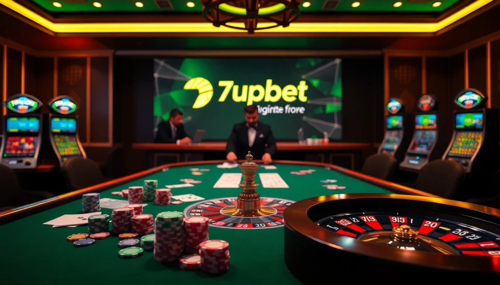 Engaging scene of 7upbet casino with poker chips, cards, and roulette wheels in a lively ambiance.