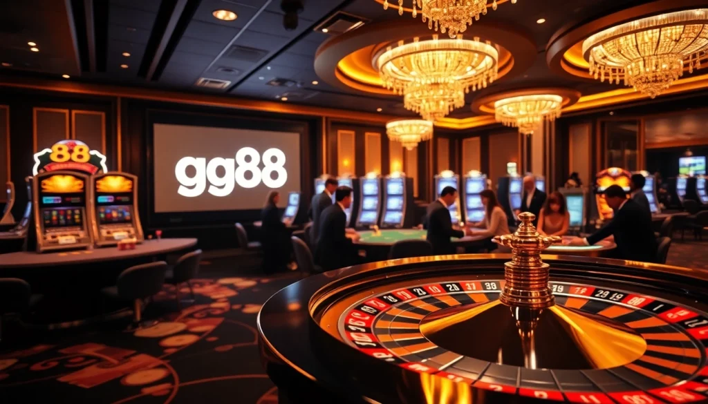 Players enjoying high-stakes games at a luxury casino with the gg88 brand presence.