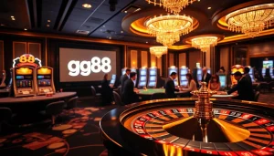 Players enjoying high-stakes games at a luxury casino with the gg88 brand presence.