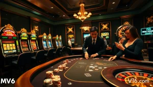 Exciting casino atmosphere showcasing poker and roulette gameplay at MV66.com.