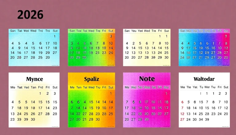 Printable calendar 2026 featuring vibrant designs, clear date boxes, and seasonal themes organized for easy printing.