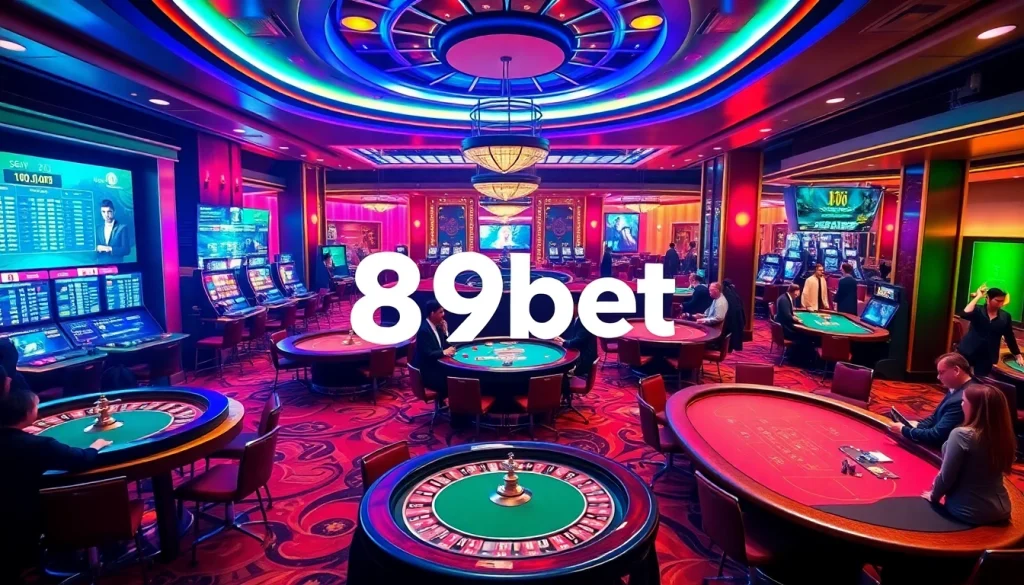 Engaging scene of a vibrant casino with games emphasizing nhà cái 89bet, poker chips, and roulette action.