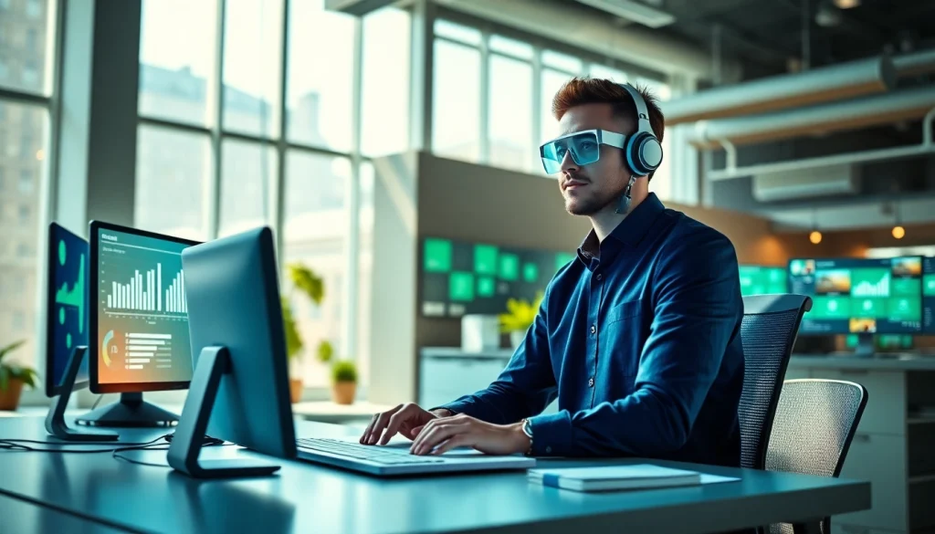 AI Employee working in a modern office, showcasing advanced digital interfaces and a collaborative environment.