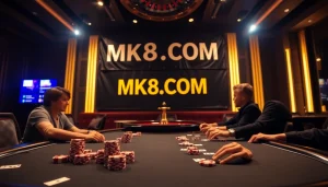 Engaged players enjoying a strategic poker game at MK8.COM casino, highlighting vibrant chips and cards.